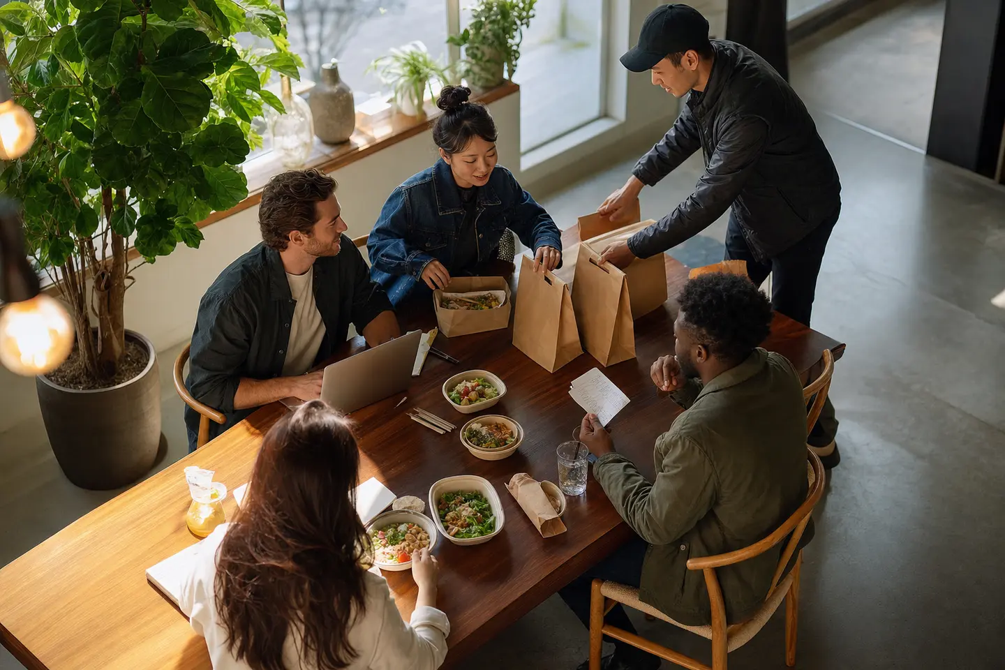 A team receives several unbranded lunch bags while one member checks the coordinated order on a laptop.
