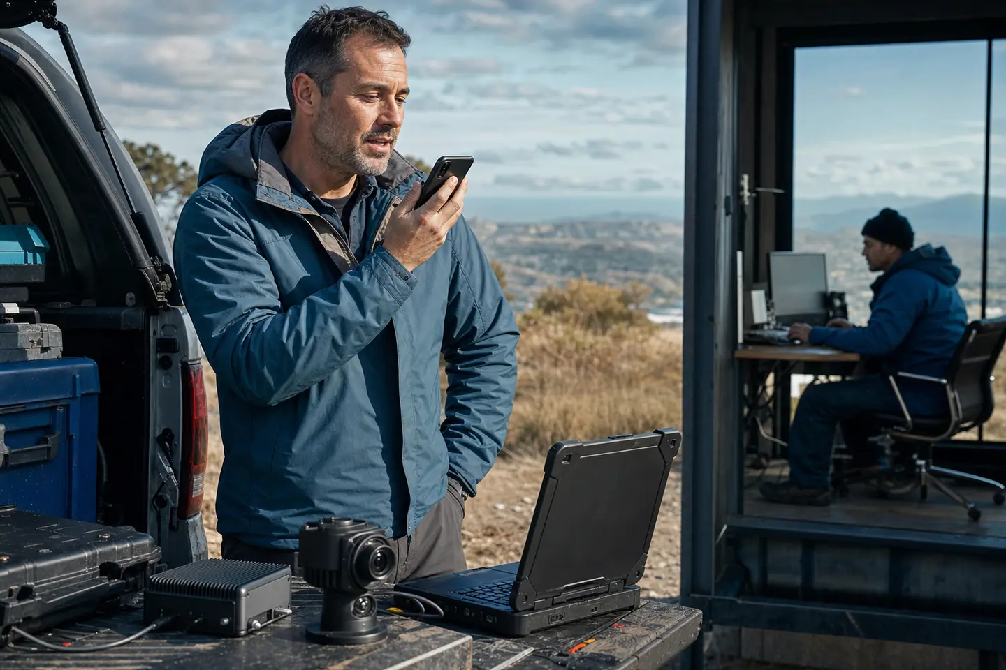 A field operations manager speaks to a phone beside connected cameras, a rugged laptop and a remote workstation.