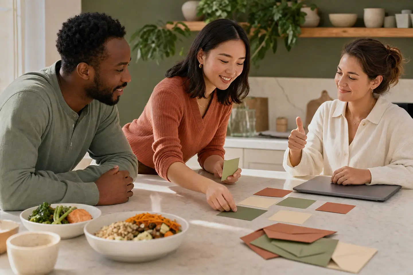 Three colleagues review blank preference cards and meal choices before giving a final approval.