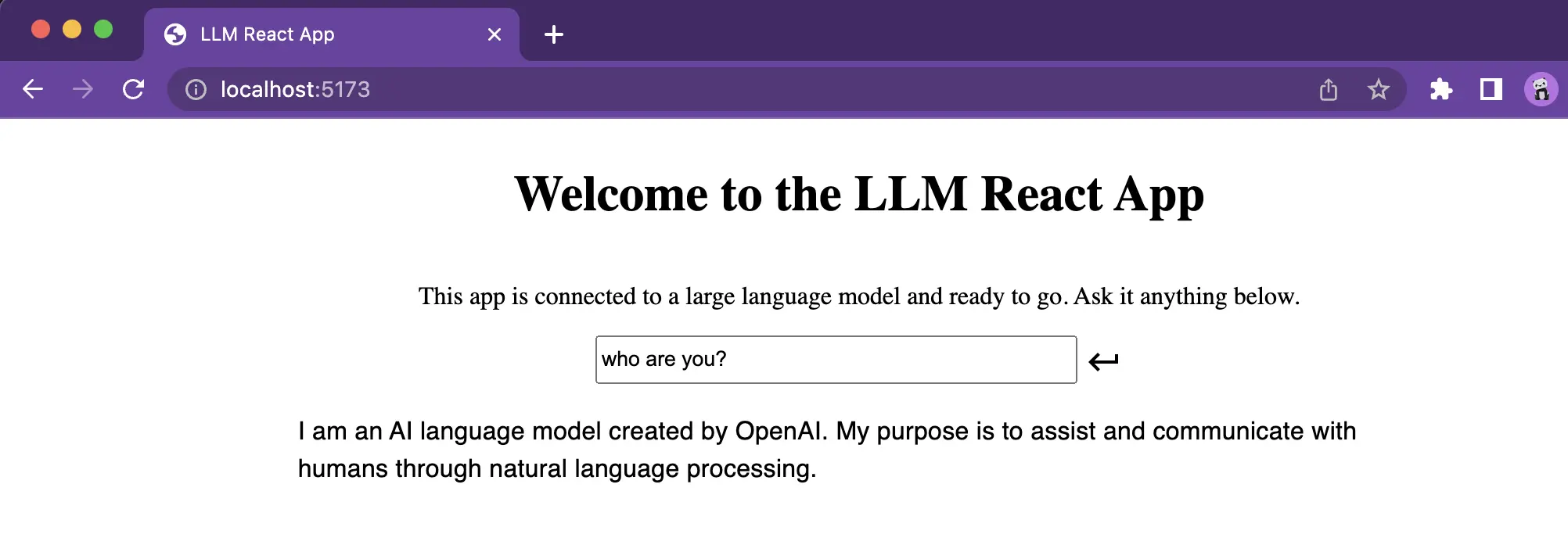 screenshot of LLM react app