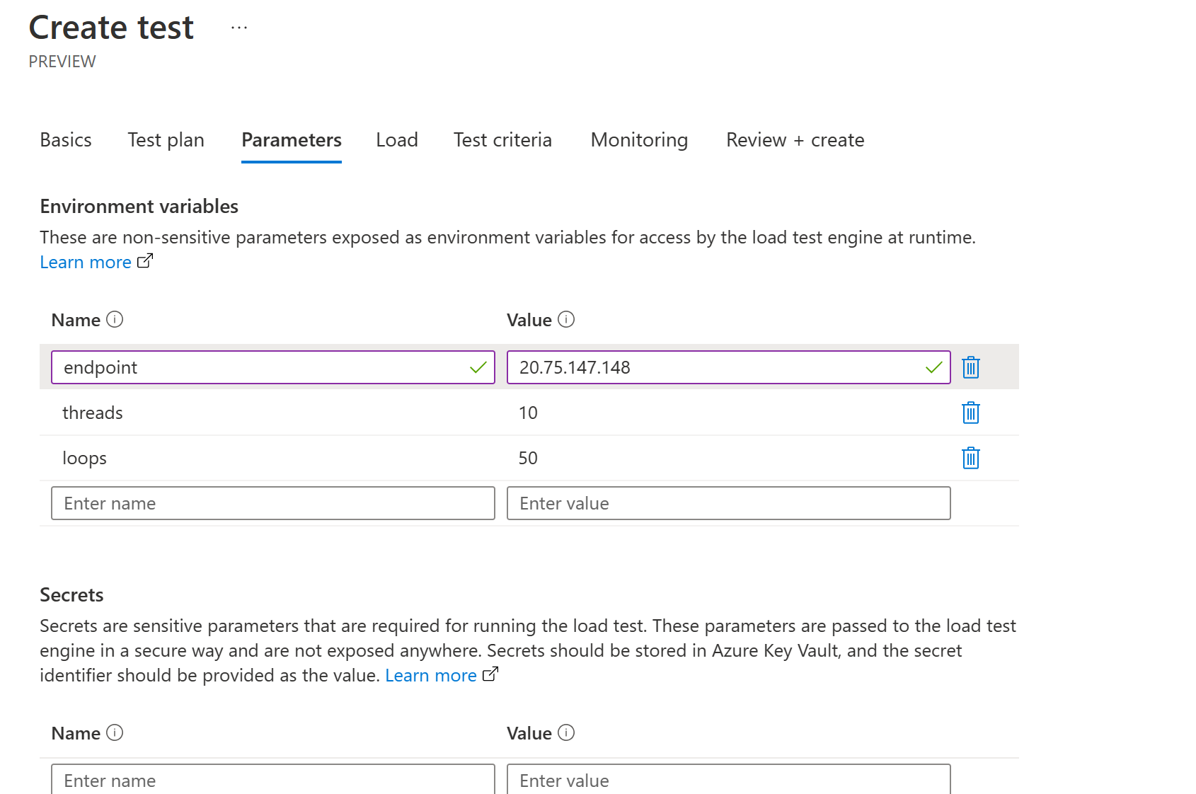 Load testing parameters