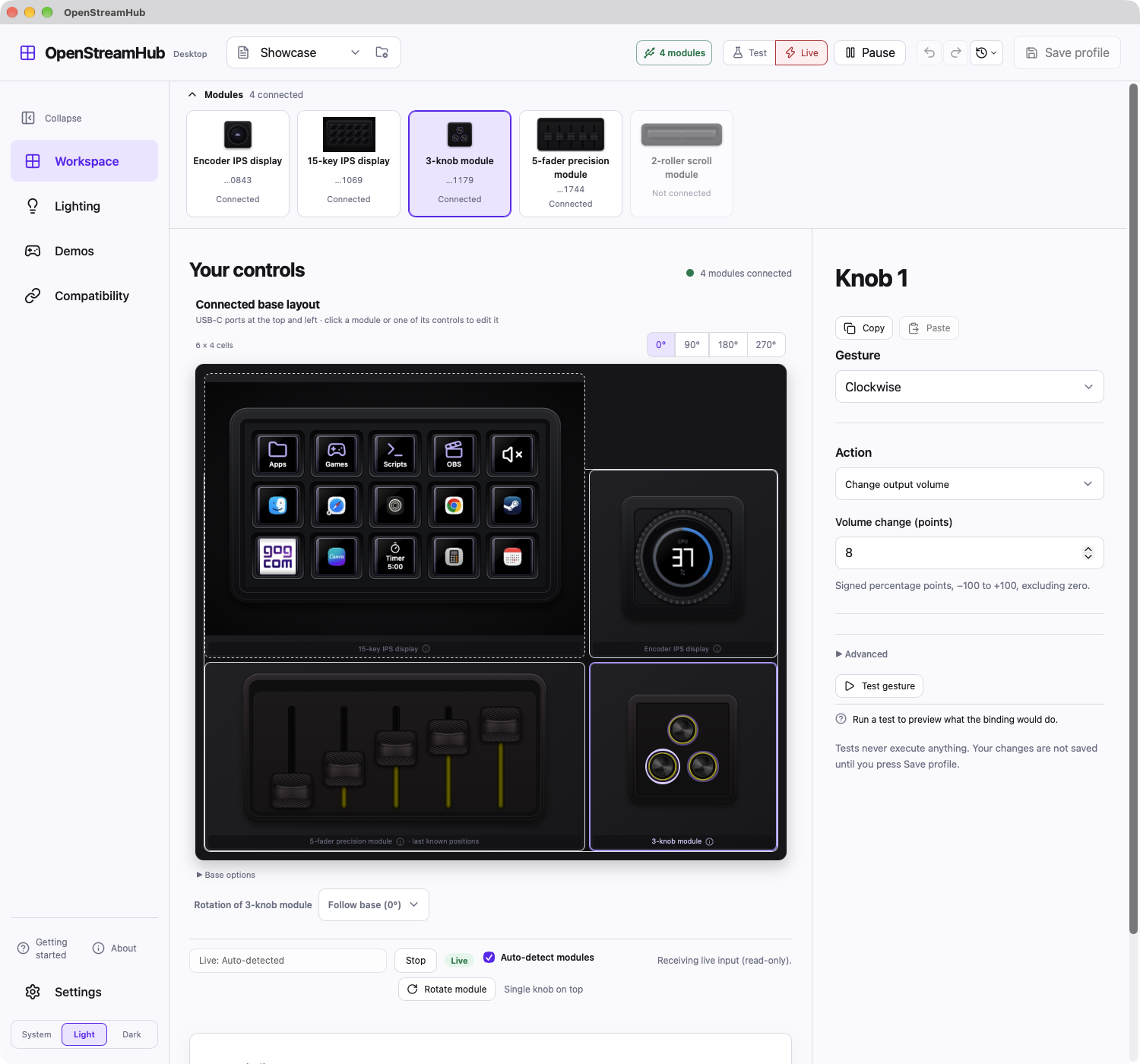 Workspace: your modules, live key and dial artwork, and the editor for the selected control.