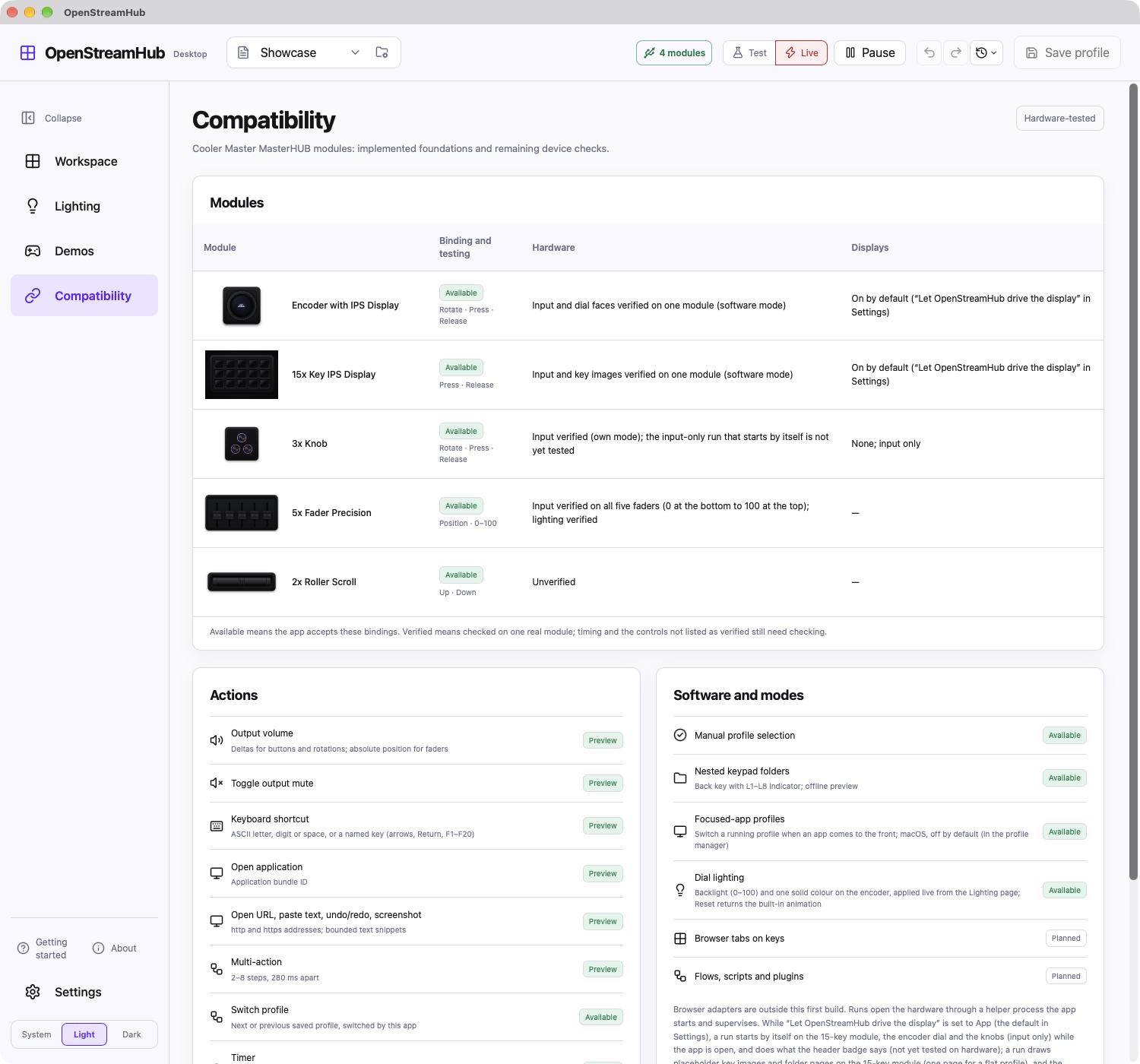 Compatibility: what each module and action supports, and what has been tested on hardware.