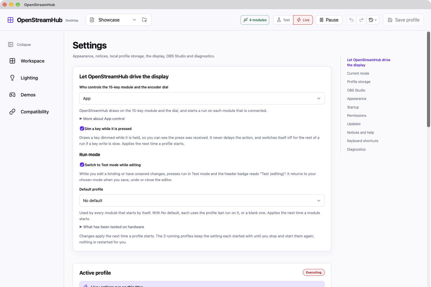 Settings: display control, run mode, profile storage, OBS, startup, permissions and updates.