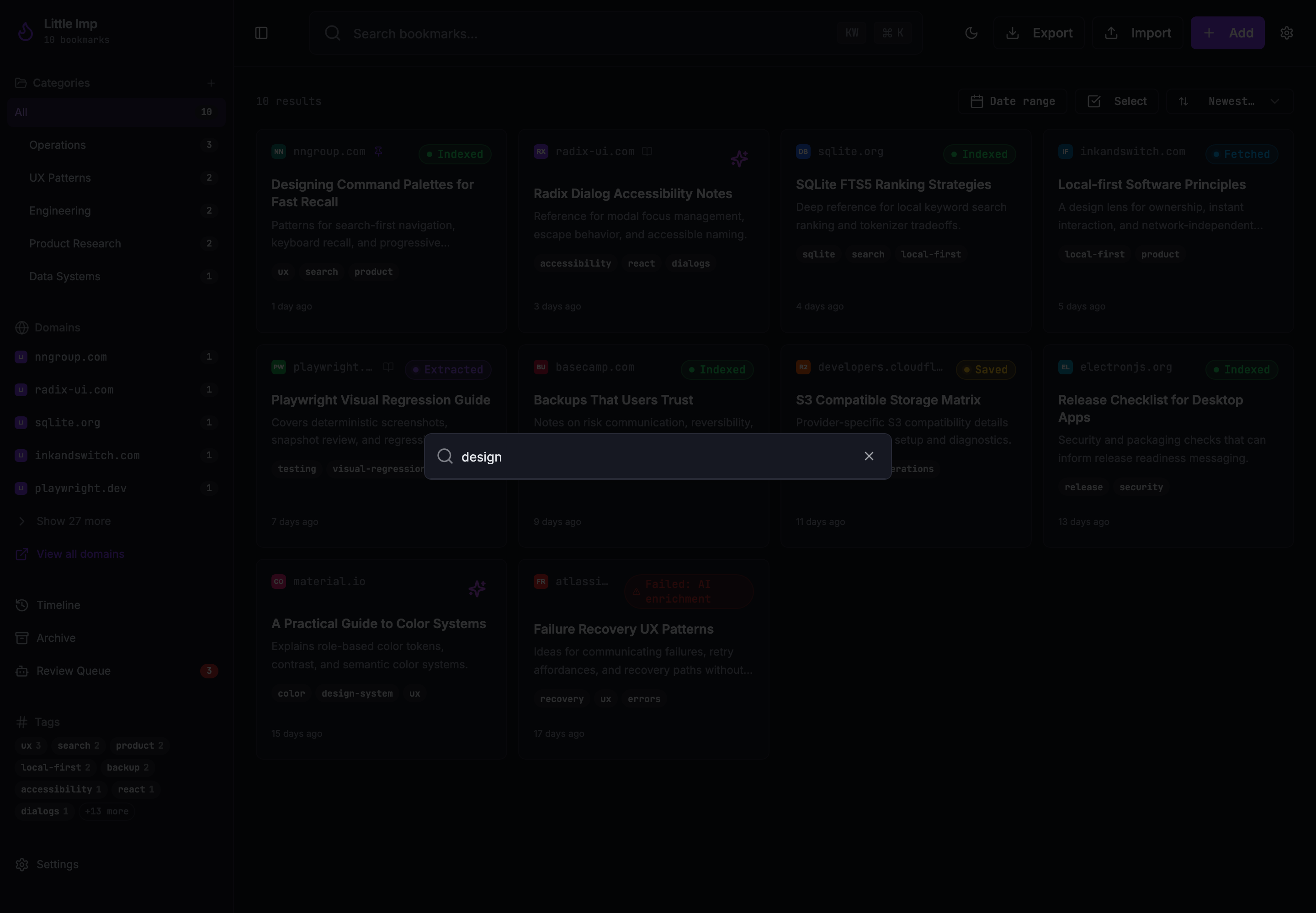 Search overlay with a design query against the bookmark library
