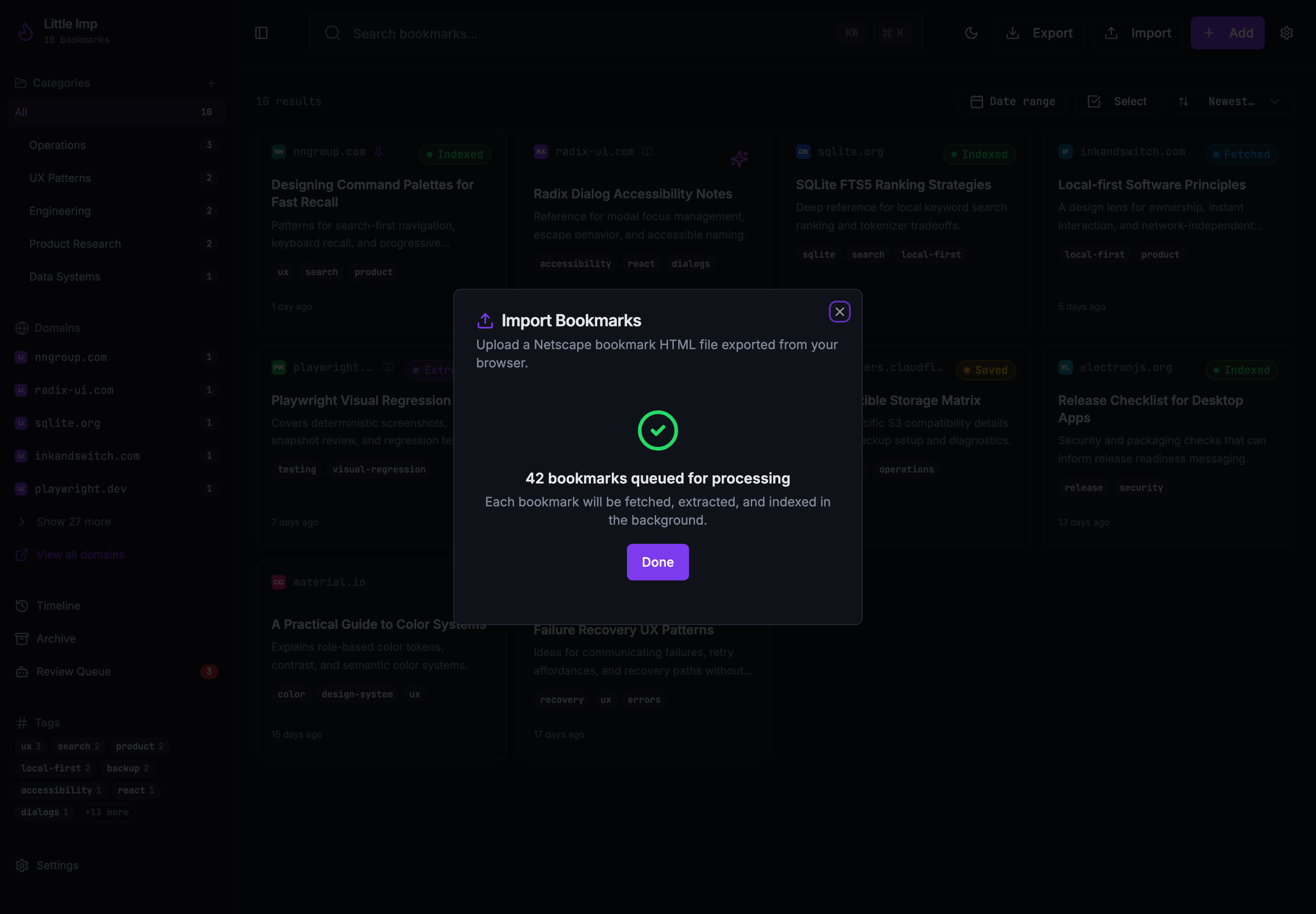 Import dialog showing a successful browser bookmark import queued for processing