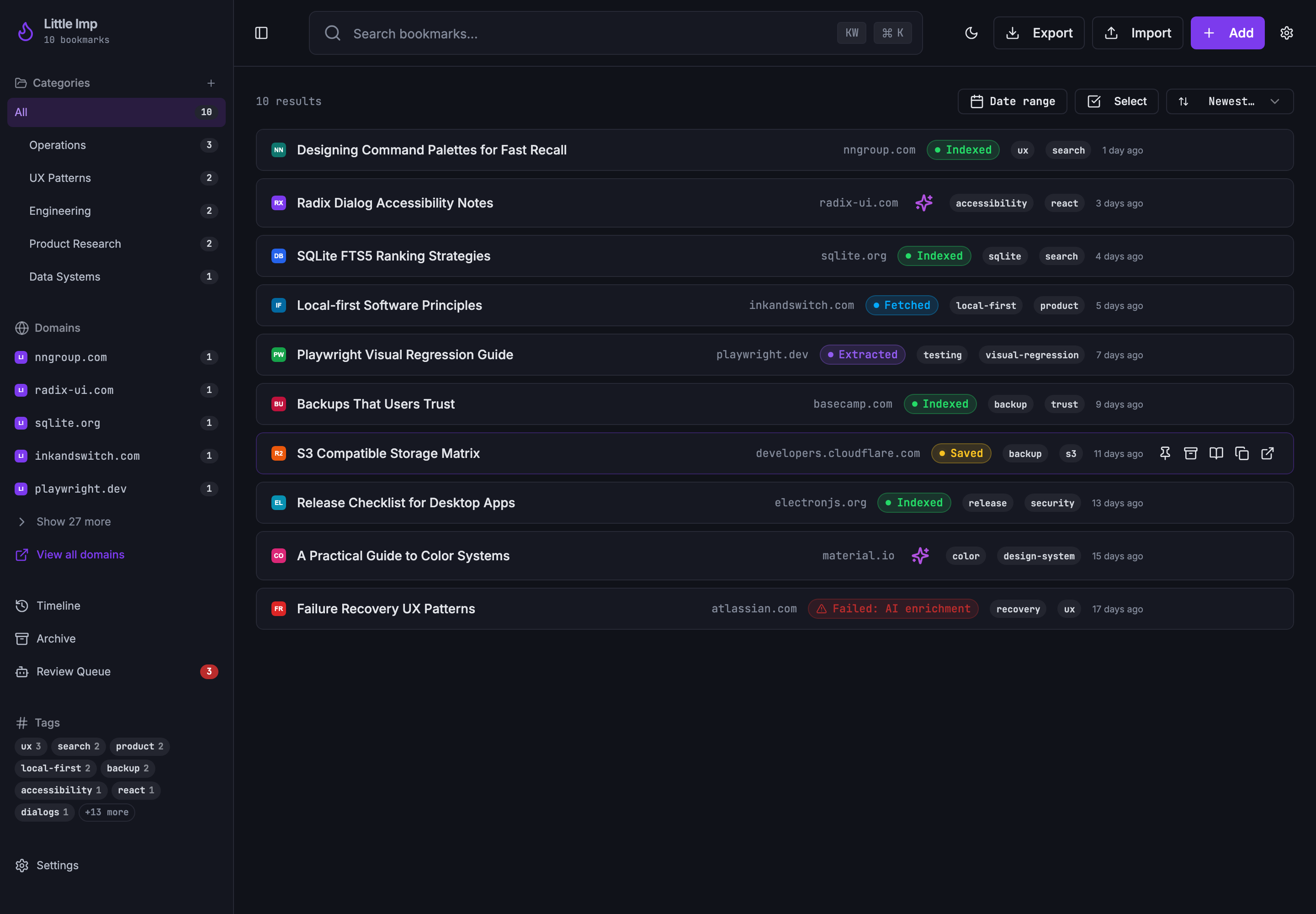 Grimoire library list with categories, domains, tags, and processing badges
