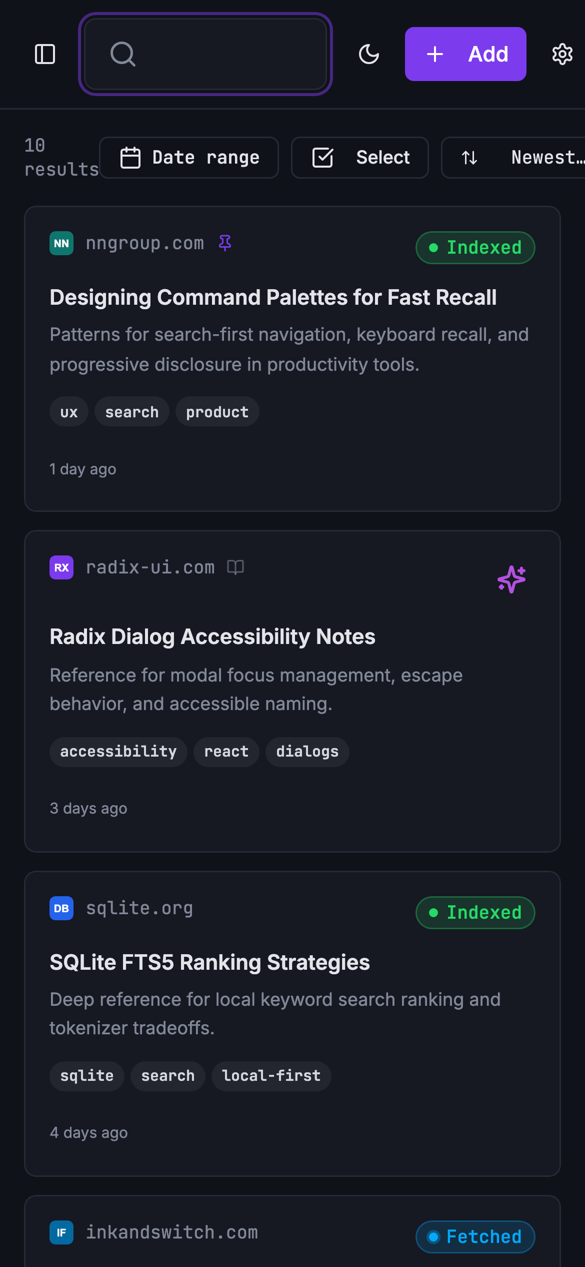 Mobile Grimoire library view with compact controls and bookmark cards