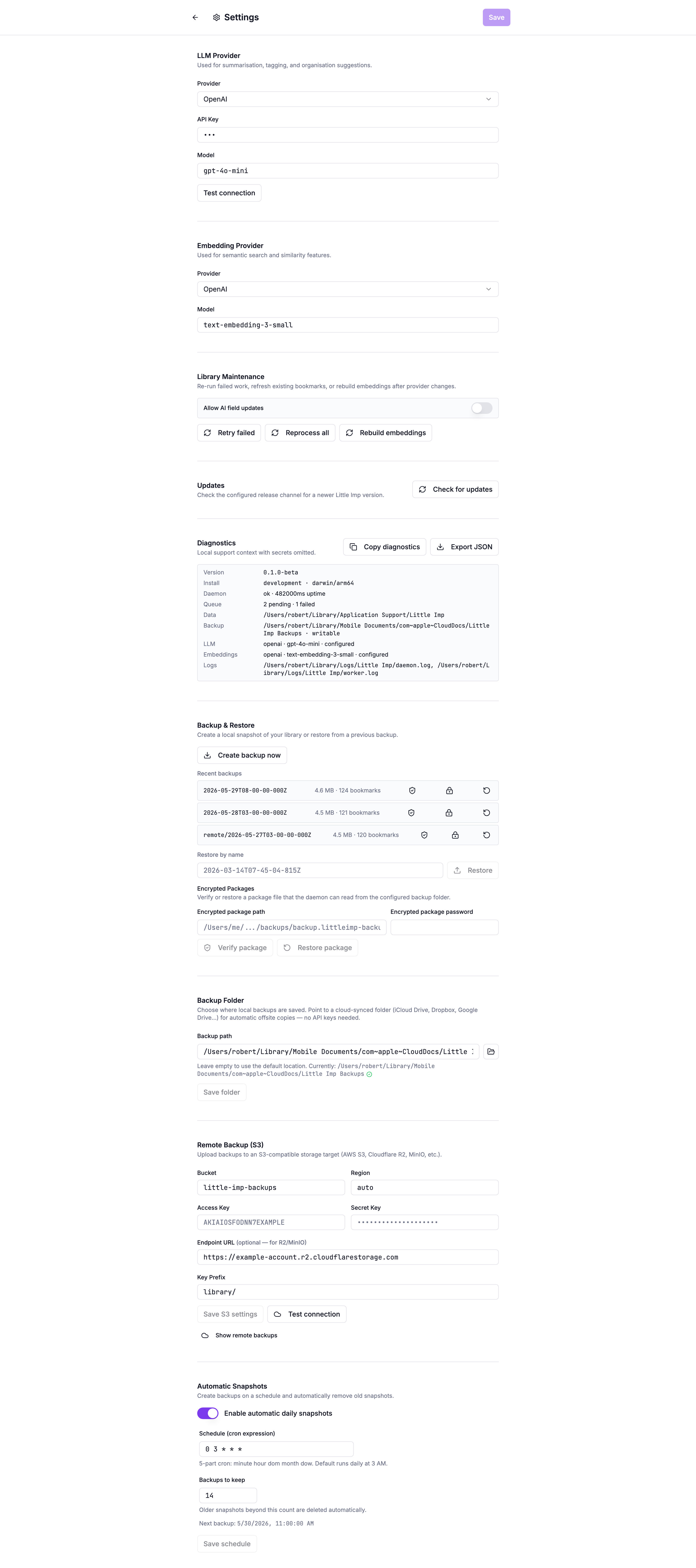 Grimoire settings screen with browser integration and local configuration controls