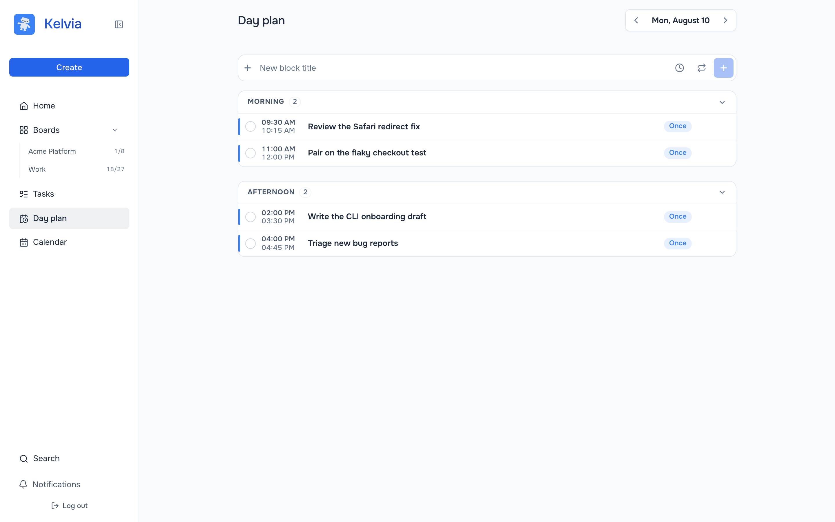 A time-blocked day plan built through the MCP server