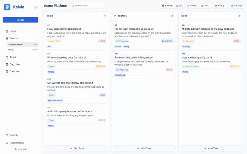 An agent creating and triaging tasks on a Kelvia board