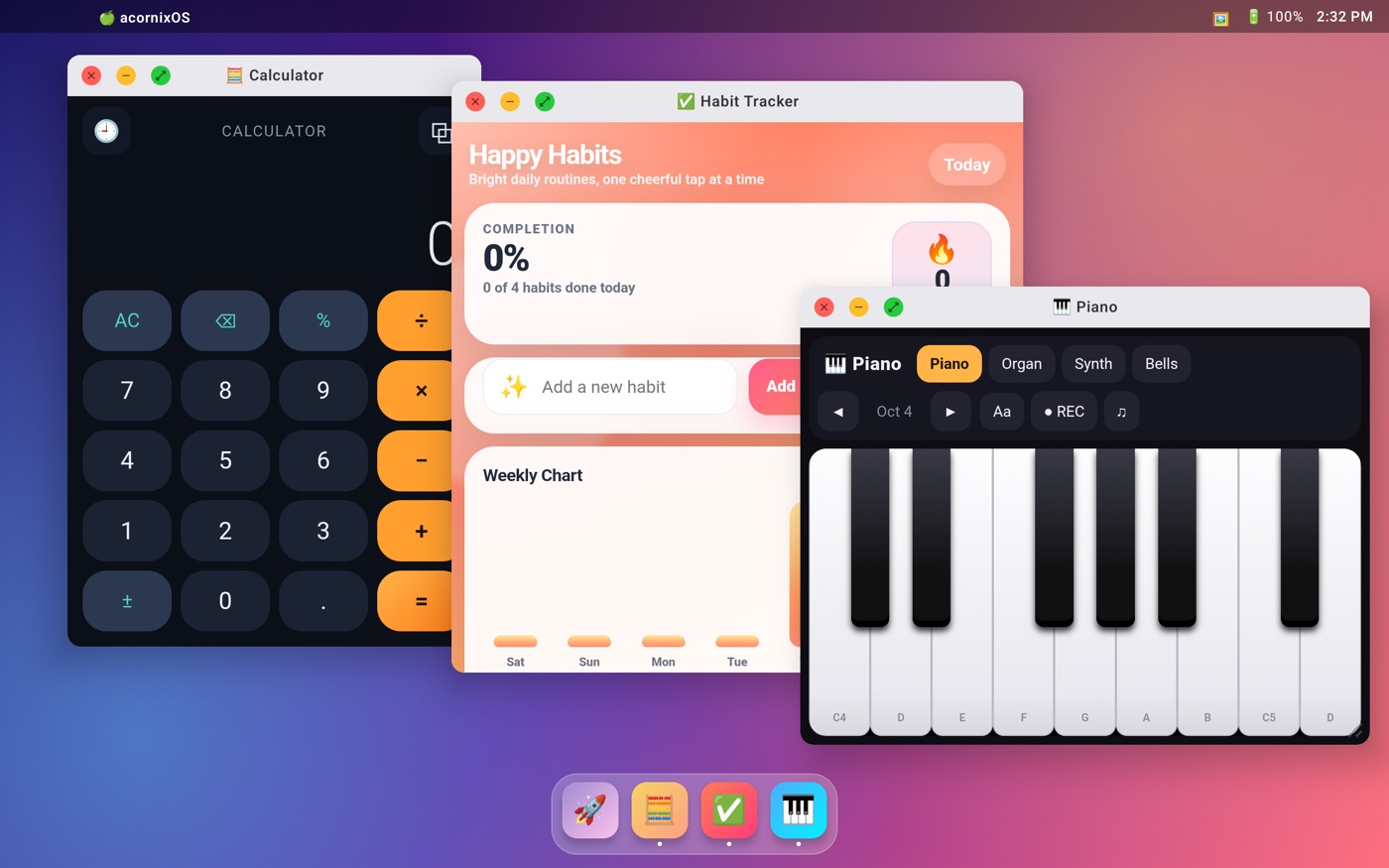 AcornixOS on a tablet with several windows
