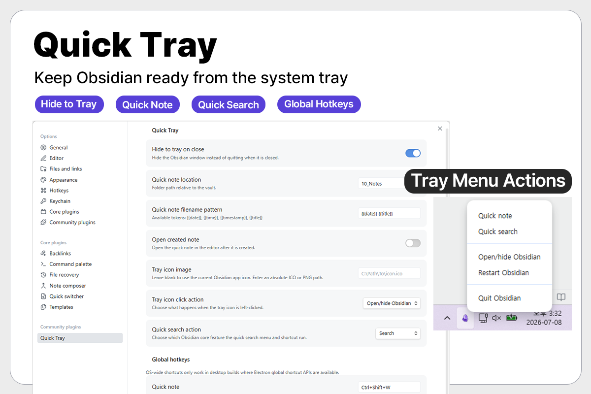 Quick Tray settings and tray menu