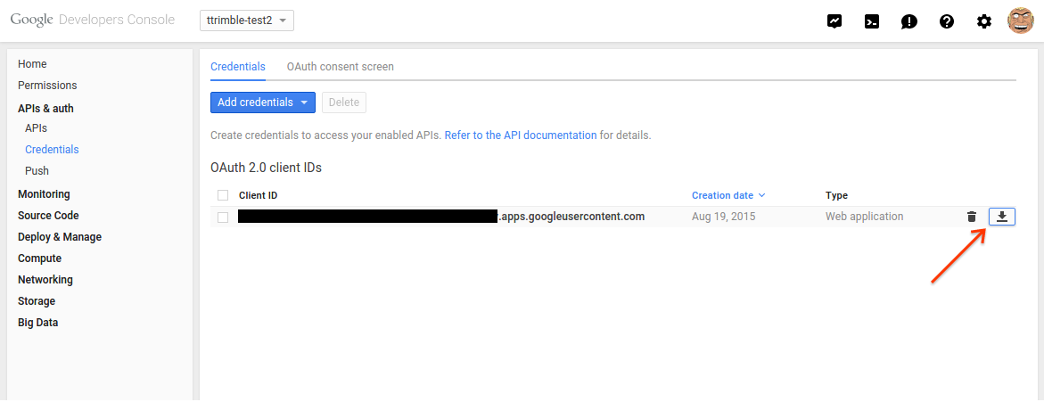 Screenshot of selecting the button to download the OAuth 2.0 credentials