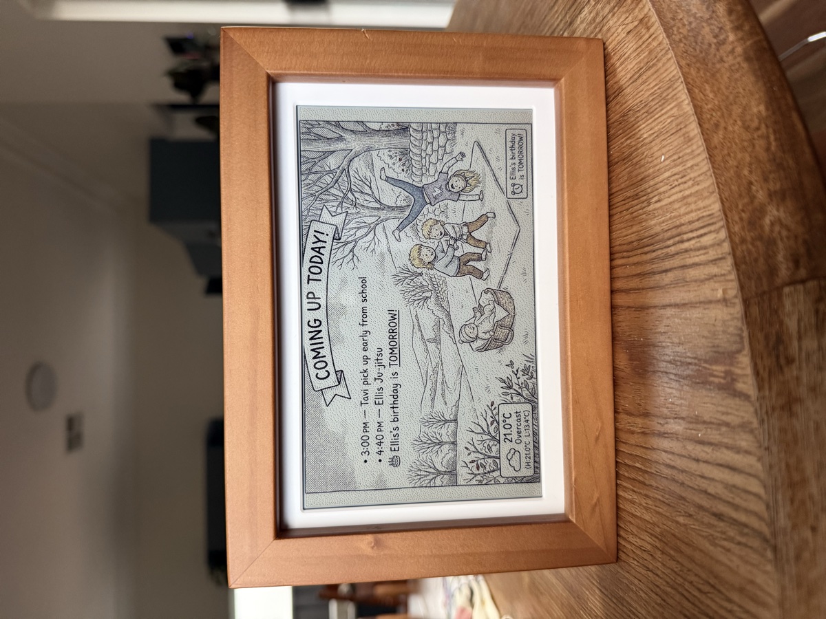 Glanceboard e-ink display showing a daily illustrated planner generated from calendar and weather data