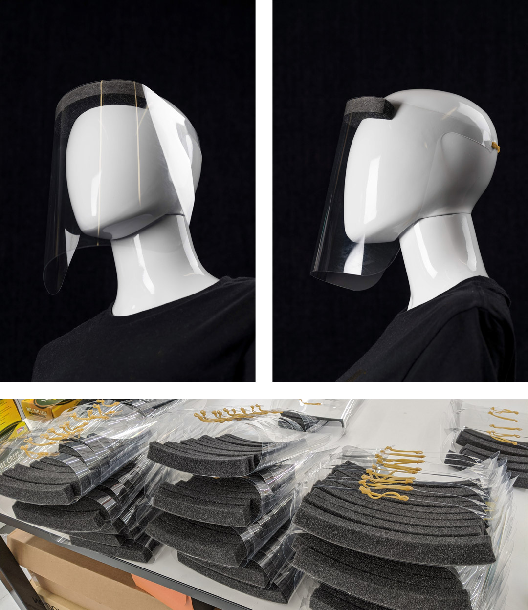 Mannequin front and side view with stacks of completed face shields