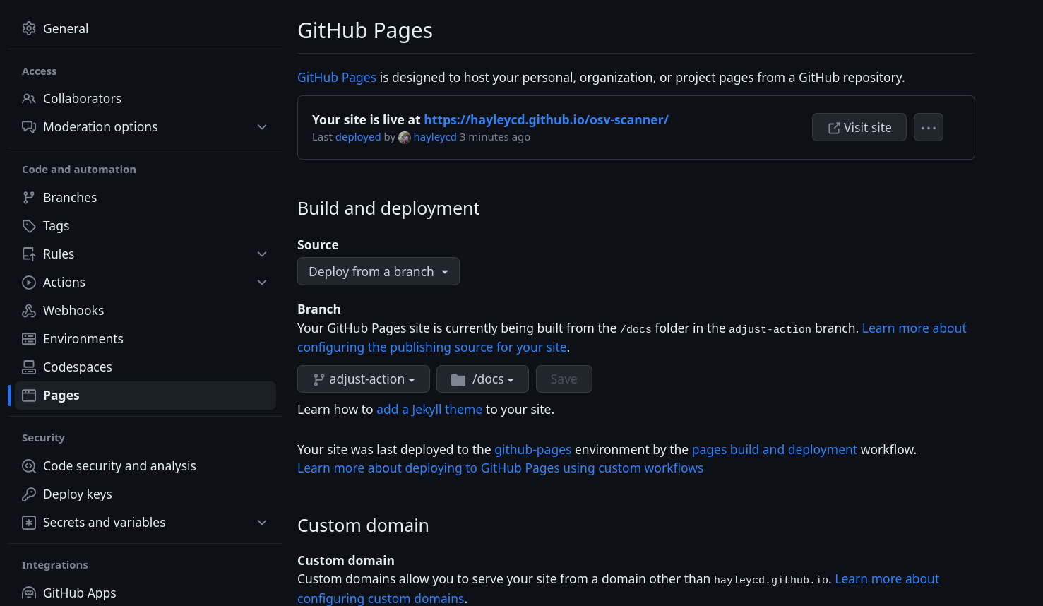 Image shows the UI settings for building the GitHub page, which is described in step 3 of the contributing documentation instructions.