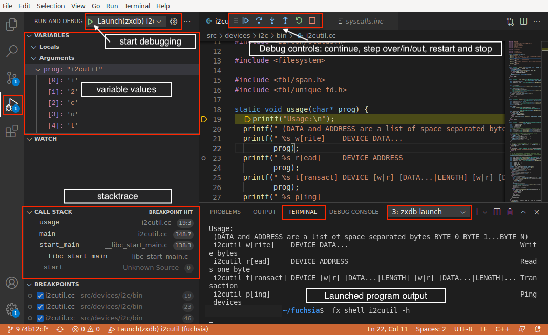 This figure shows the different parts of the debugger view in VS Code.