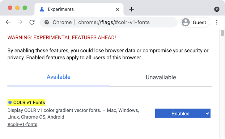 Screenshot of Chrome flag settings page.