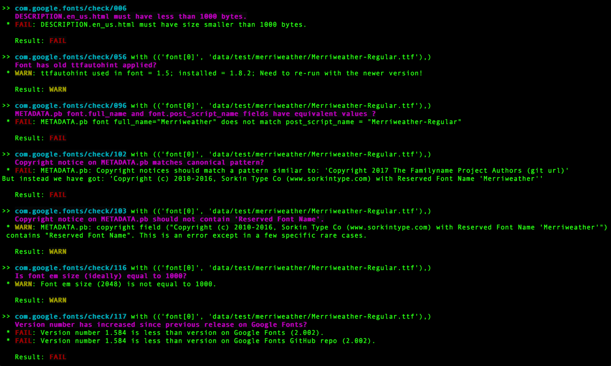 Screenshot of a typical Font Bakery command-line output in the Terminal app.