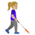 woman with white cane facing right: medium-light skin tone emoji on Google