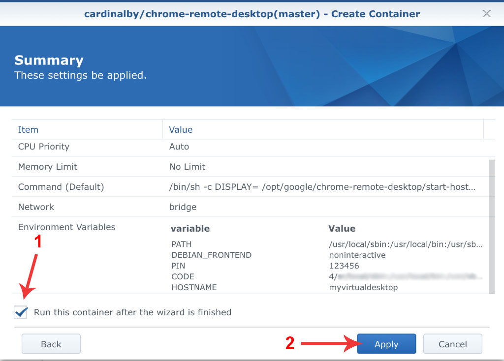 Create Container dialog