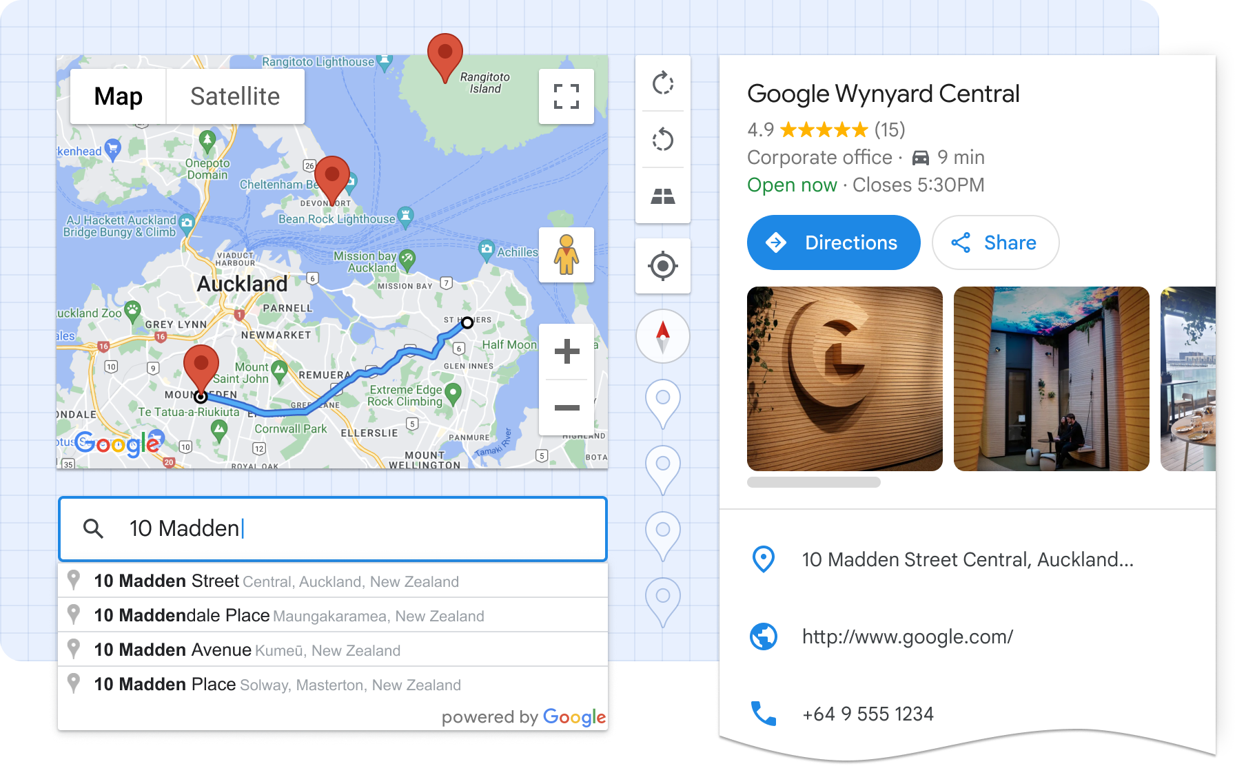example of extended web components featuring a map, autocomplete widget, and place details panel