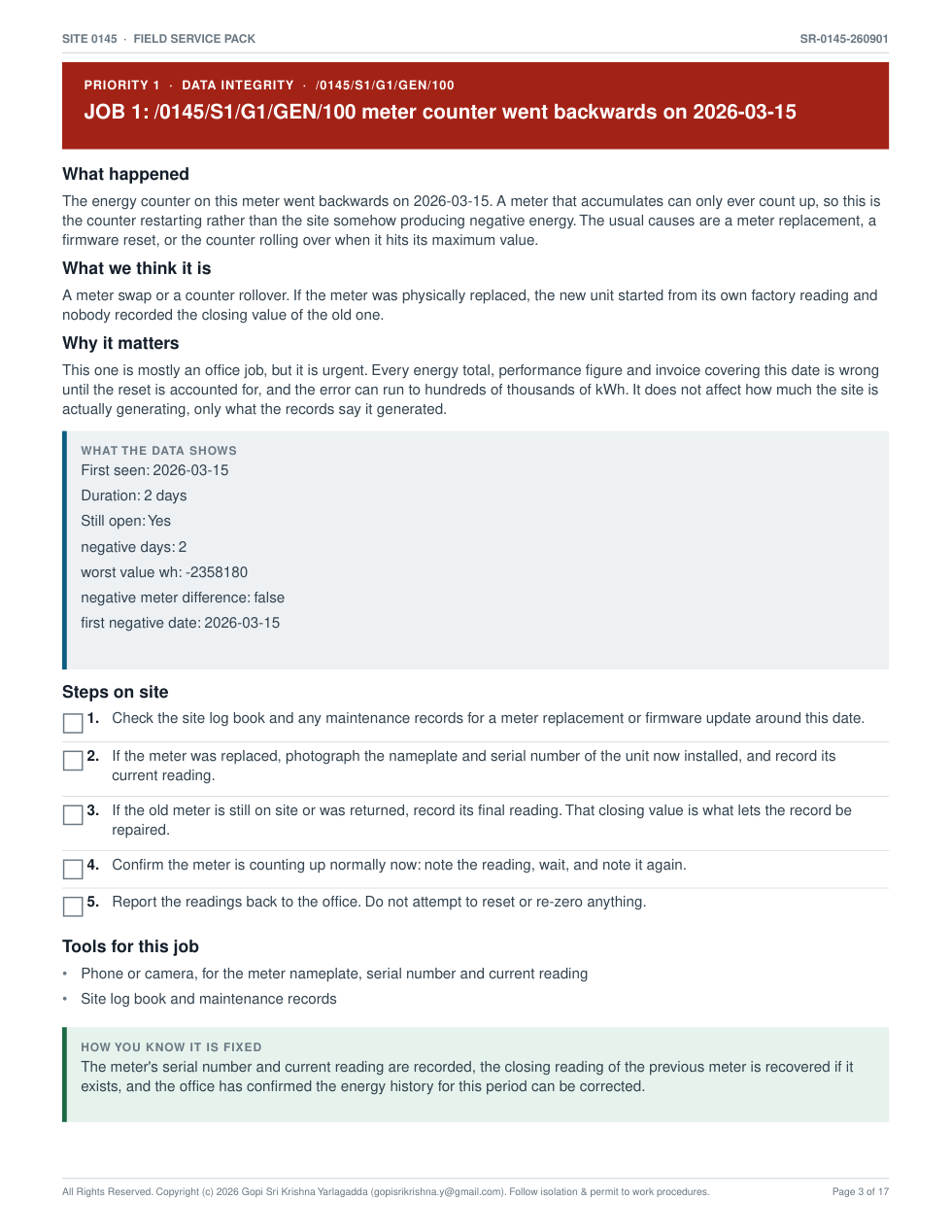 Field service pack, a single job page with tick boxes
