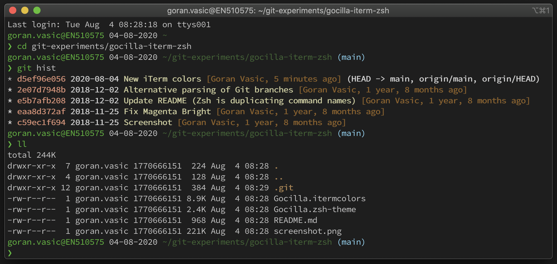 gocilla - Theme for iTerm 2 and ZSH, includes git decorations, user@host, path and date.