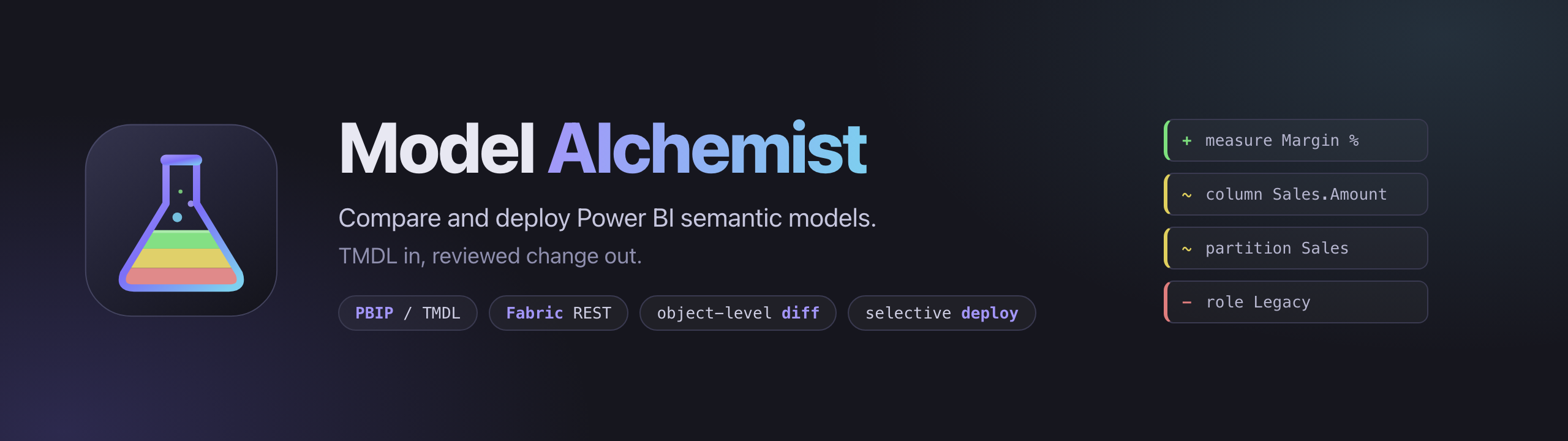 Model Alchemist. Compare and deploy Power BI semantic models. TMDL in, reviewed change out.