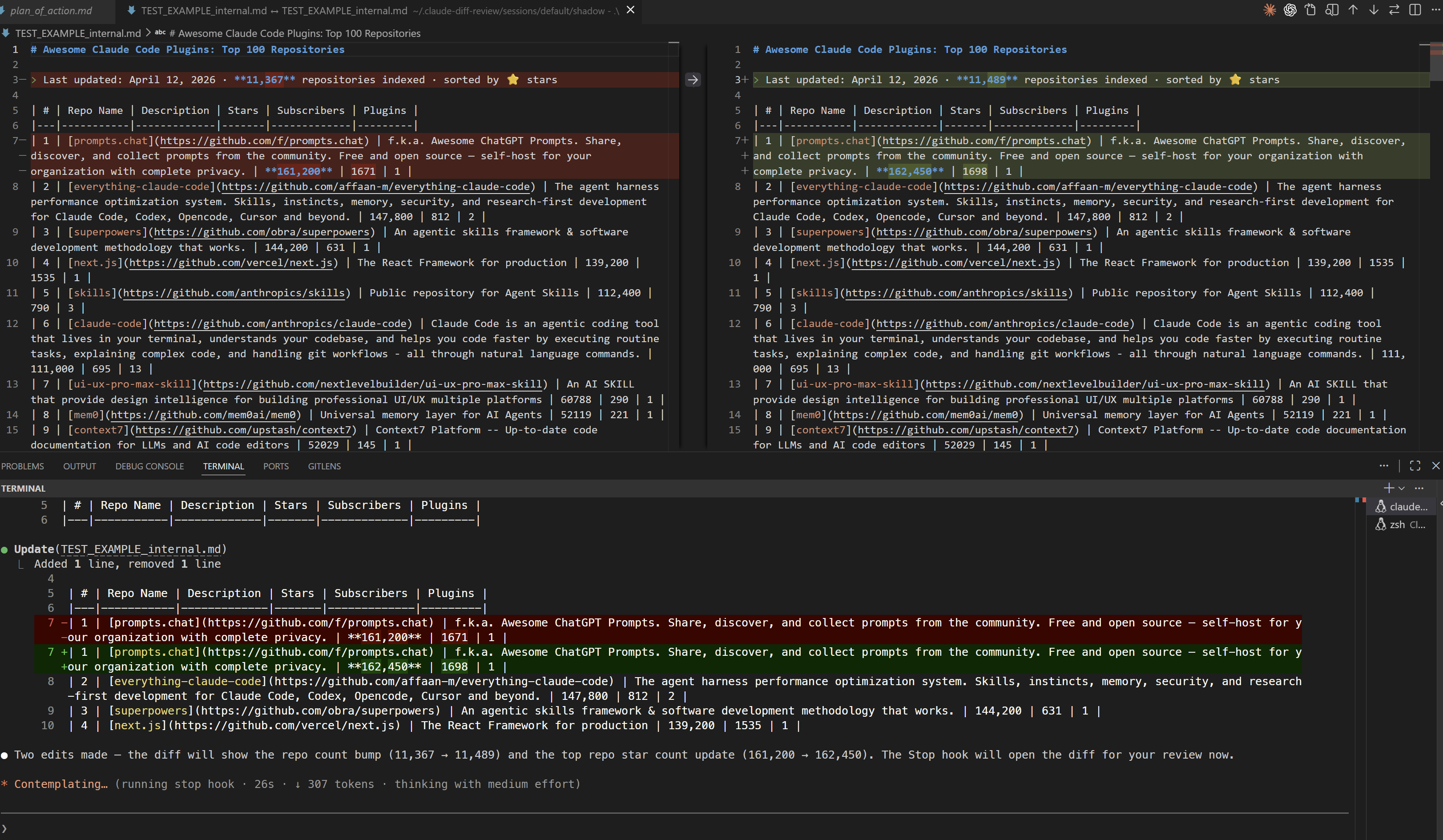 Before: two edits captured, diff summary shown in terminal