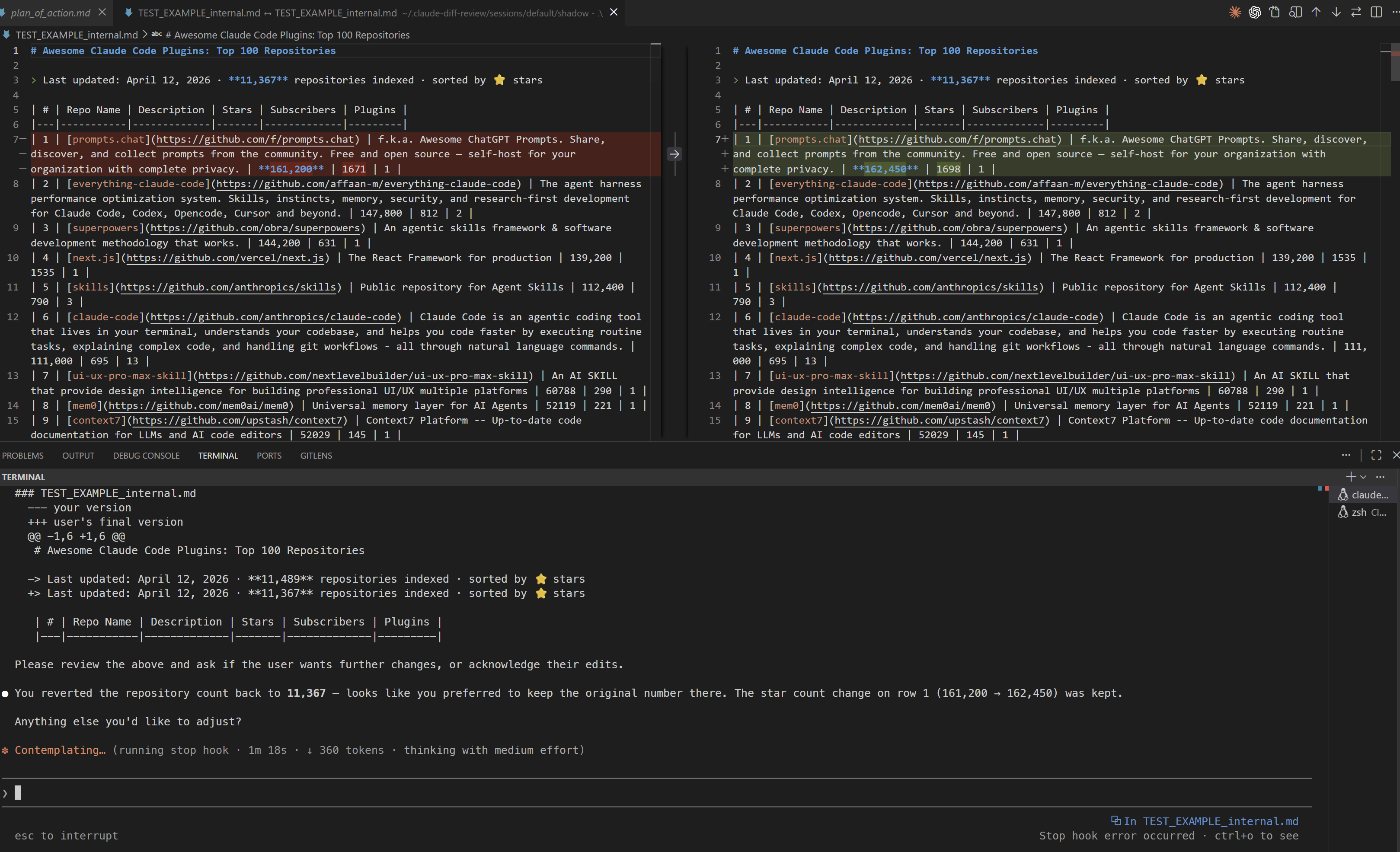 After: VS Code diff with hunk revert, re-engagement in action