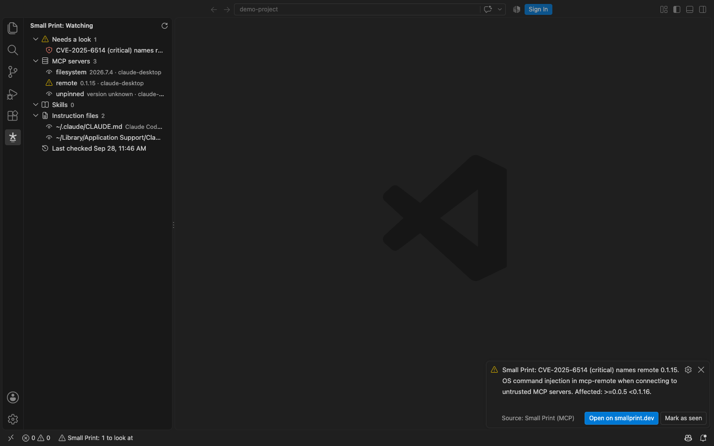 A notice for CVE-2025-6514 on mcp-remote 0.1.15, and the Small Print panel