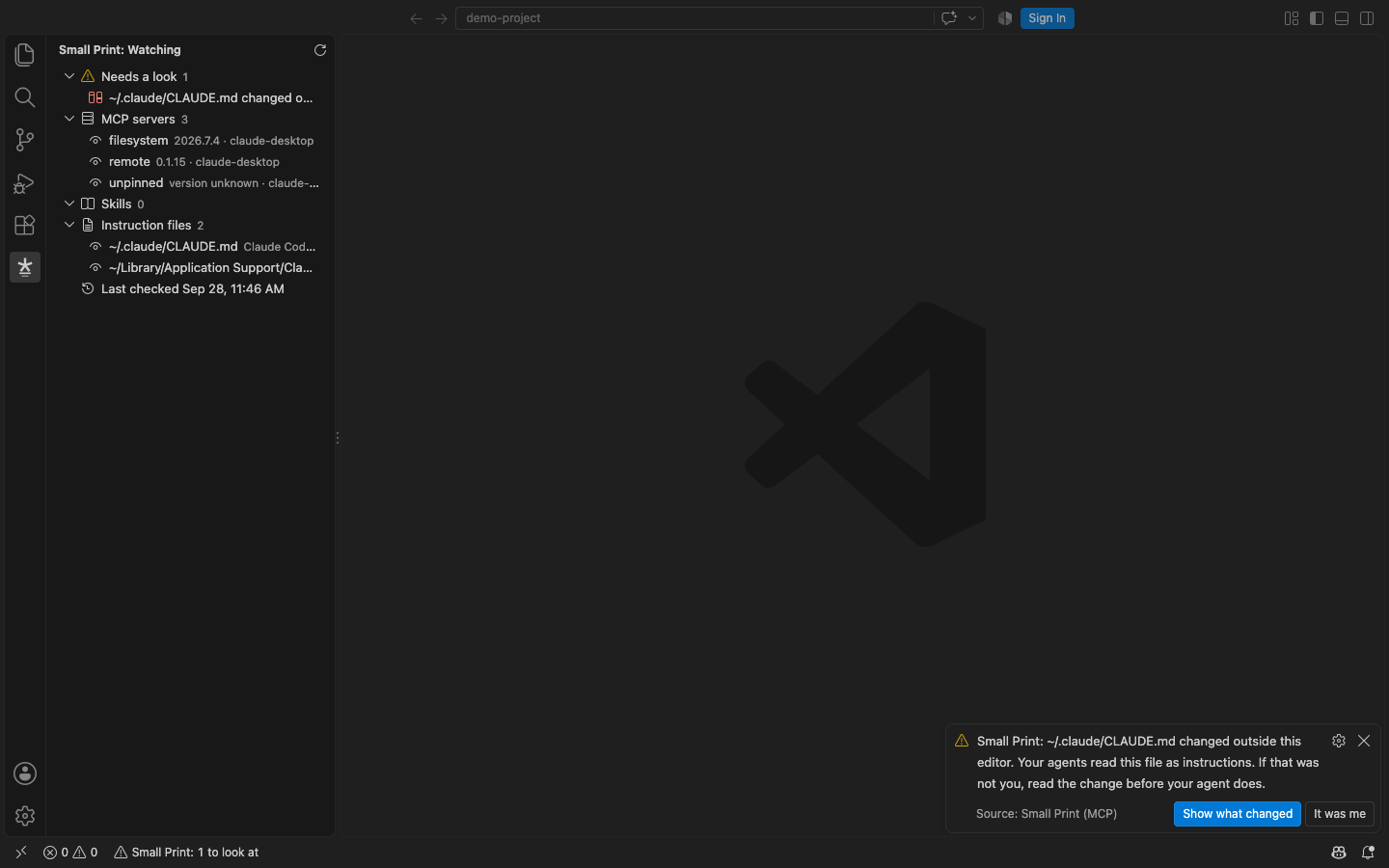 A notice that CLAUDE.md changed outside this editor