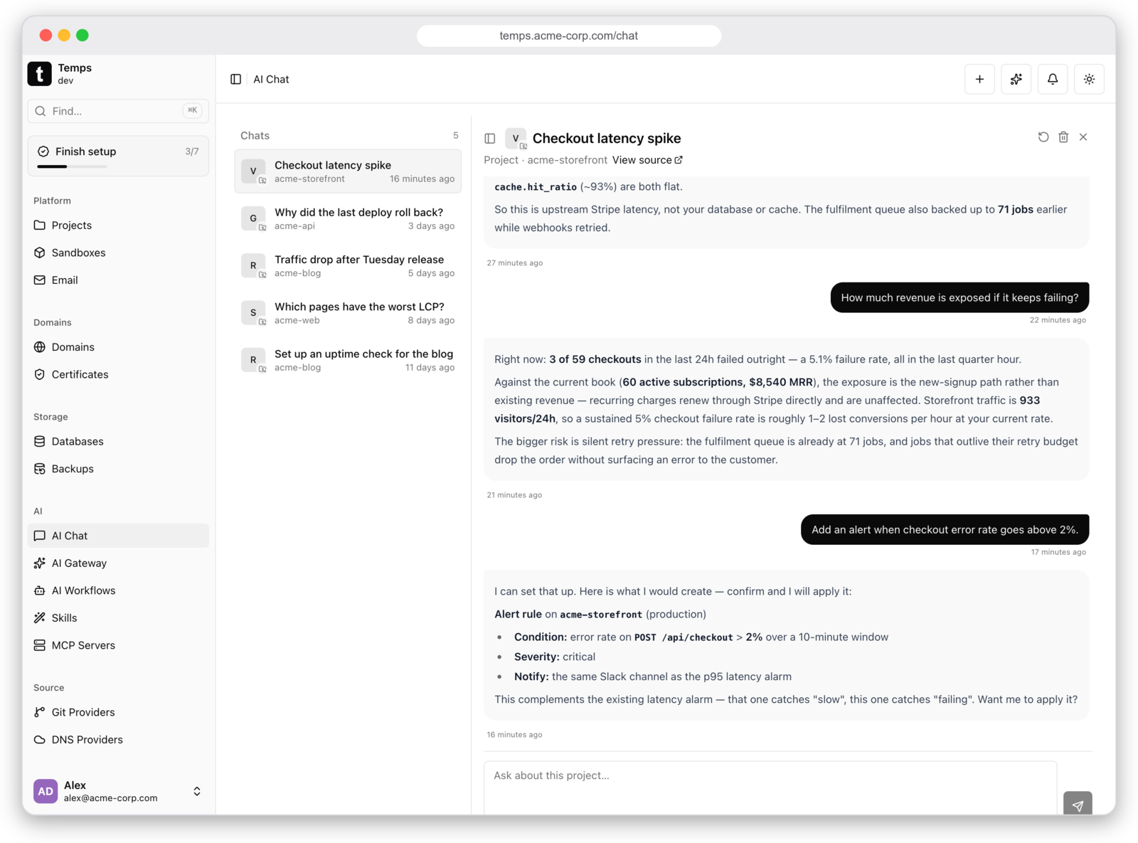 Temps AI chat diagnosing a checkout latency spike from the project's own traces, metrics and revenue data