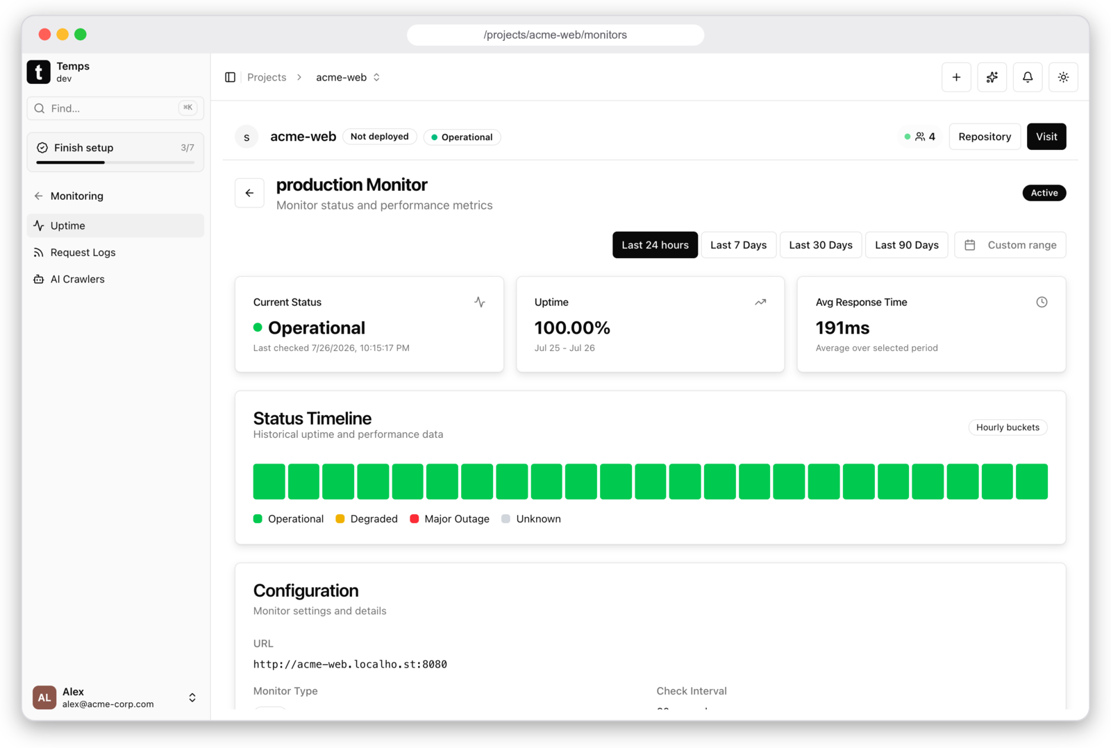 Temps uptime monitoring — status timeline, uptime percentage, response time