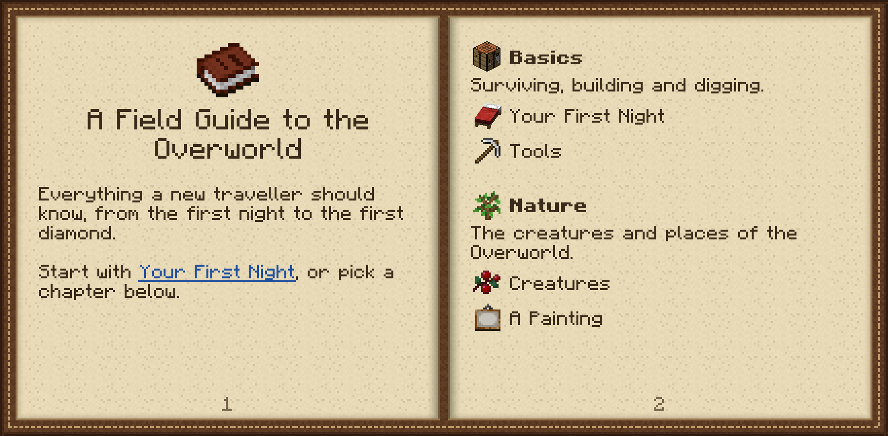 A manual's contents page: A Field Guide to the Overworld