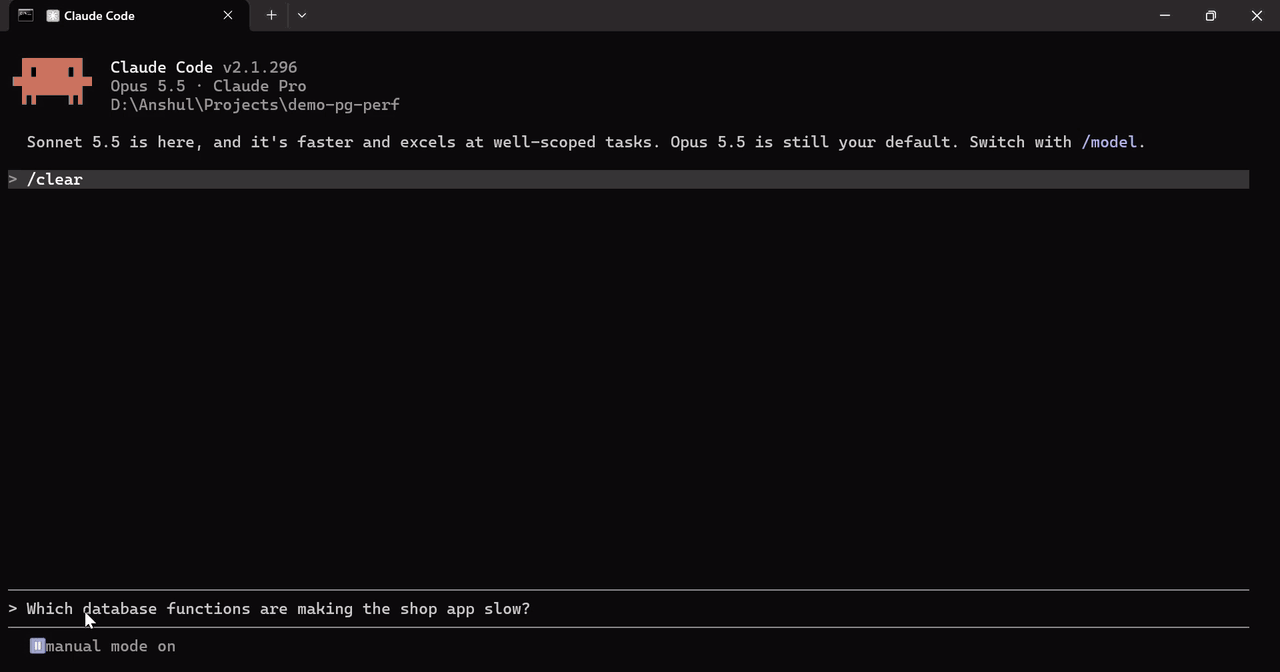 Claude Code using pg-perf-mcp: it finds the slow database functions, then diagnoses a slow catalog query and declines to create the index because the tools are read-only