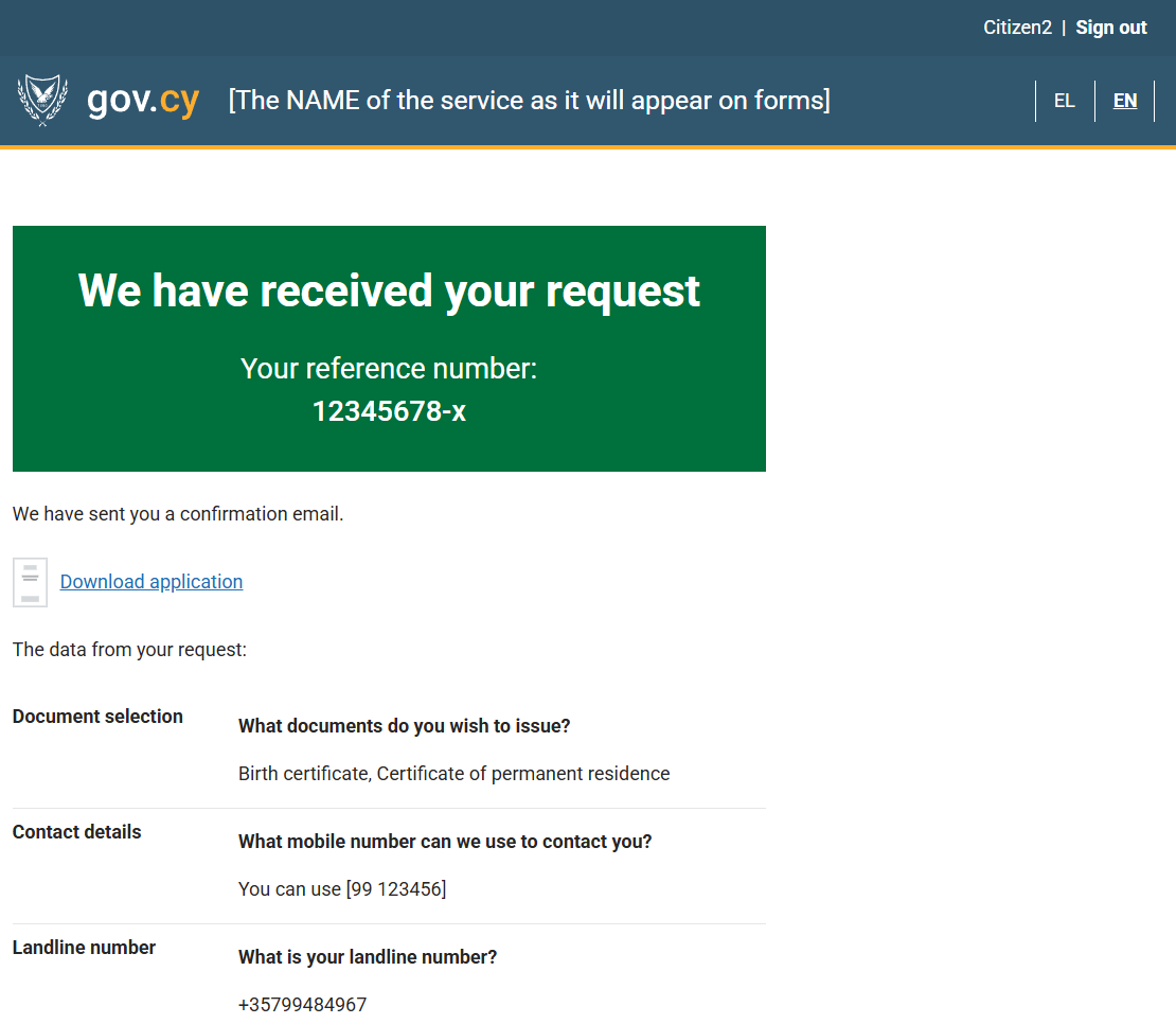 Screenshot of success page