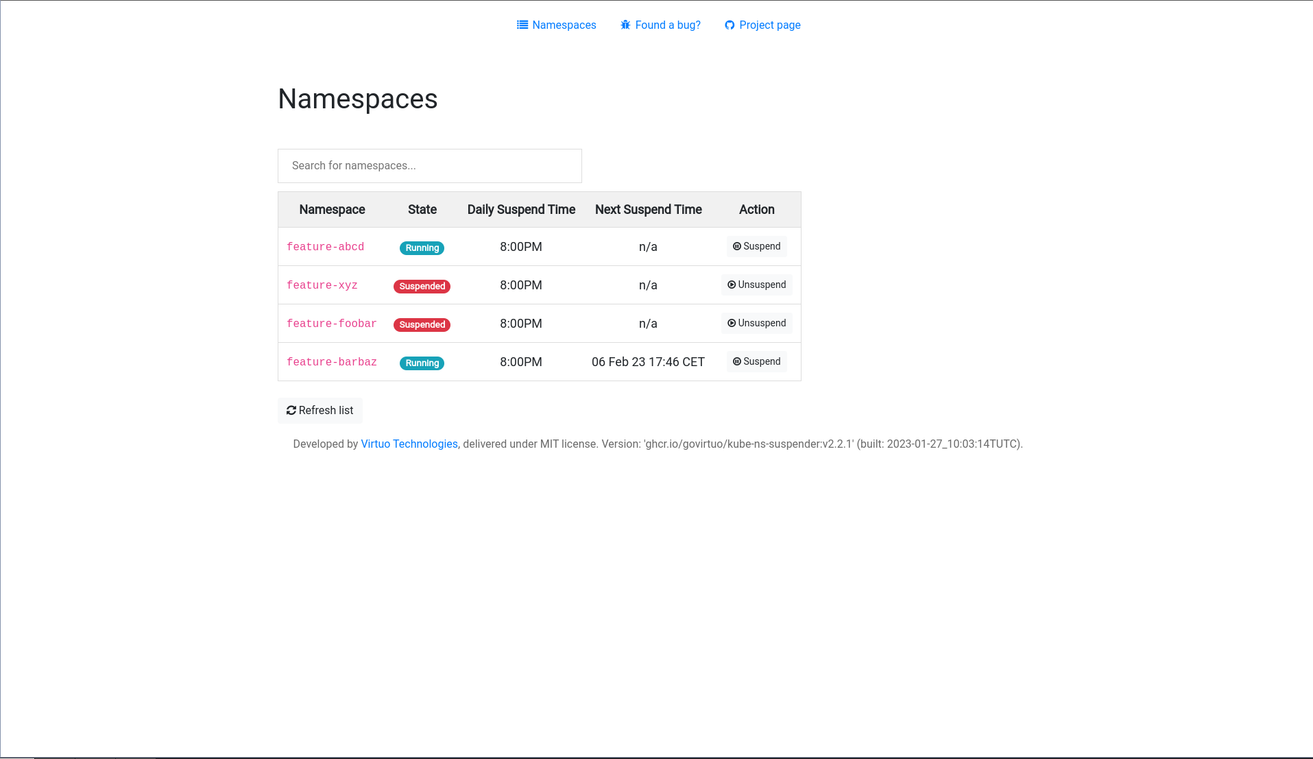 Namespaces list with suspended and running namespace