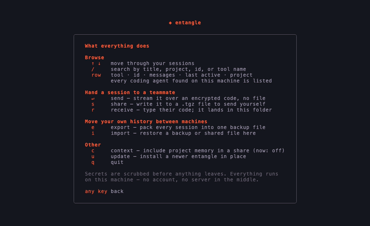 the ? overlay explaining every key, grouped into handing a session to a teammate versus moving your own history between machines