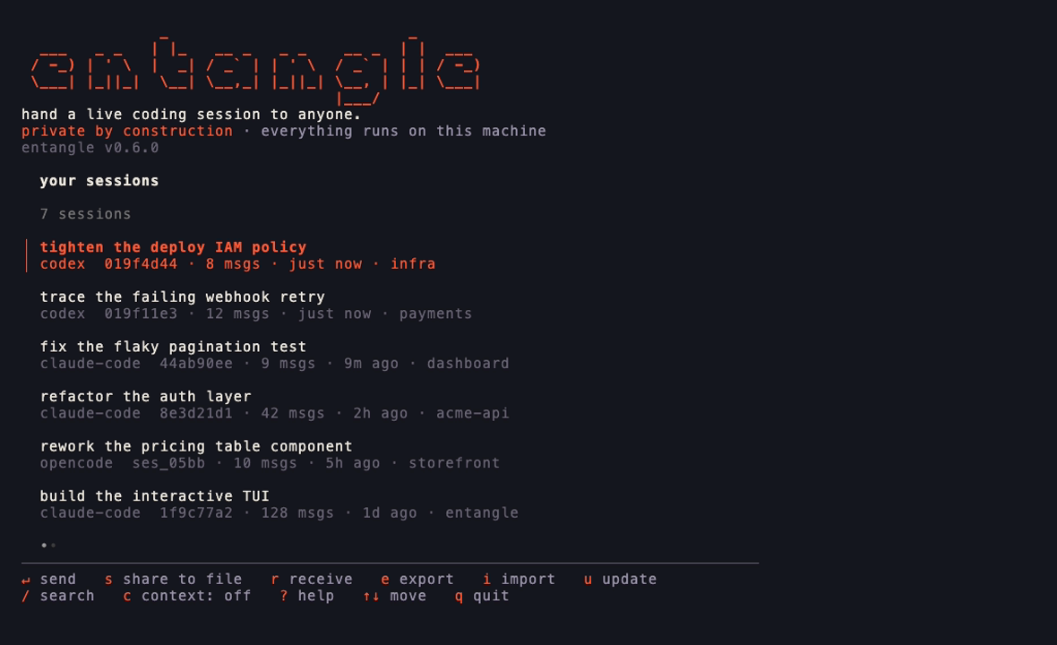 the entangle cockpit: a searchable session list with send, share, receive, export, import and update a keypress away