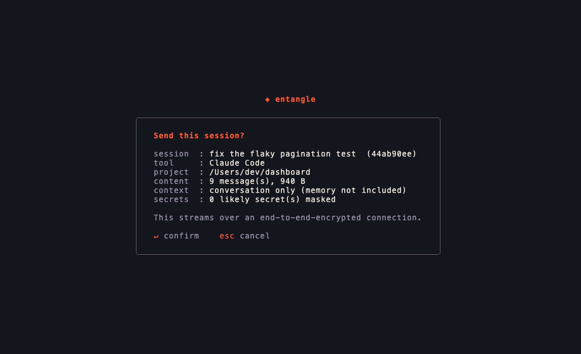 the hand-off preview: session, project, message count, and confirmation that secrets are scrubbed before it streams over an encrypted connection