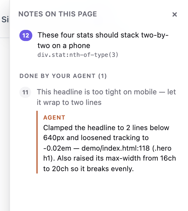 The notes panel: a pending note, and a finished one with the agent's reply beneath it