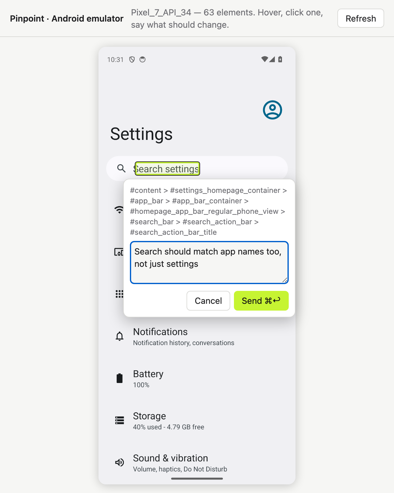 The Android picker: the Search settings field highlighted in the Settings app, with a note being typed