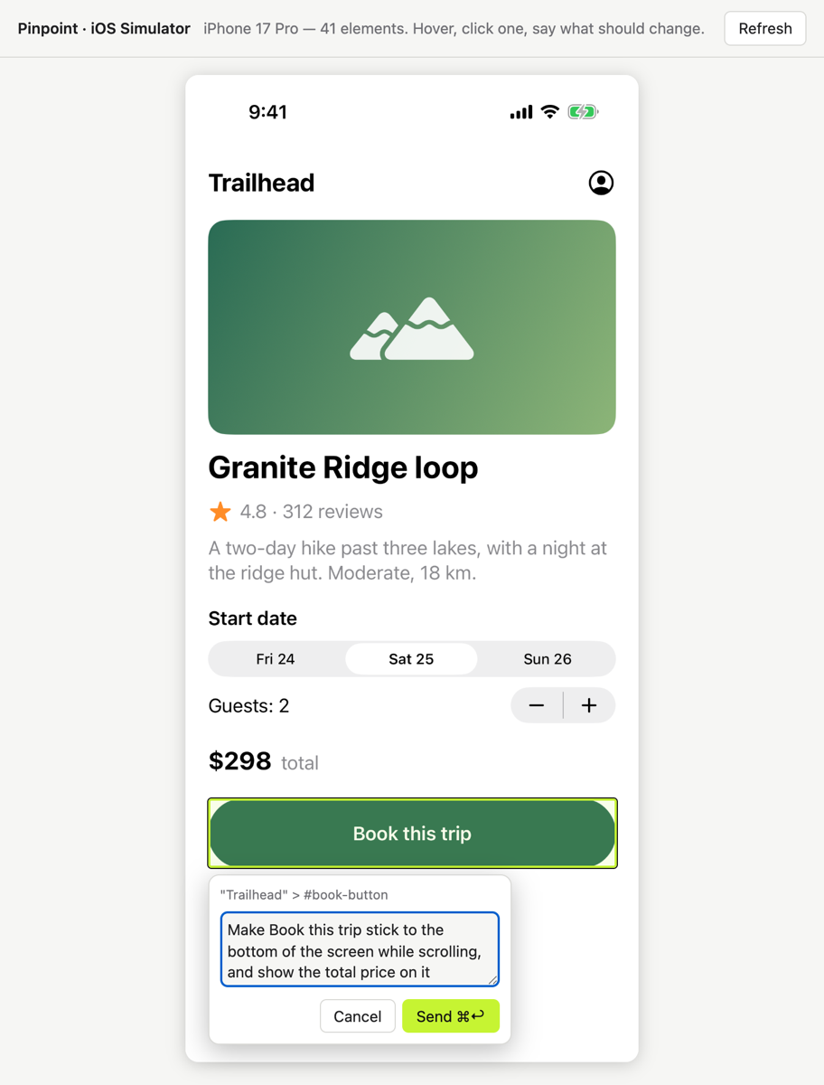 The iOS Simulator picker: the Book this trip button highlighted in the Trailhead demo app, with a note being typed
