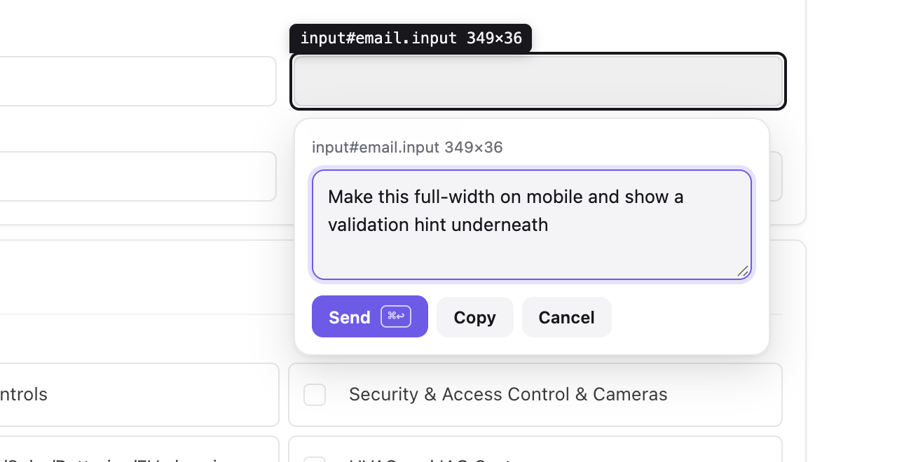 The comment popover on a form field, showing the element it picked