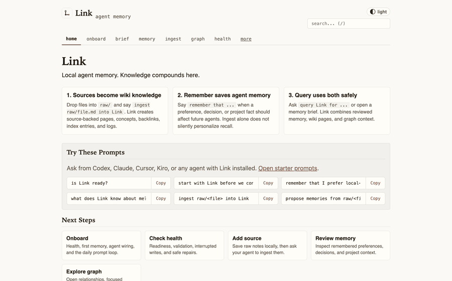 Link local console tour: home, memory dashboard, health, and graph