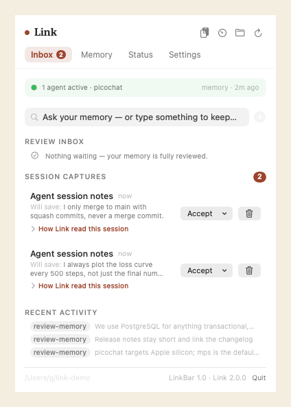 LinkBar cycling through its tabs: review inbox with live agent pulse and capture previews, memory browser, status dashboard, and settings