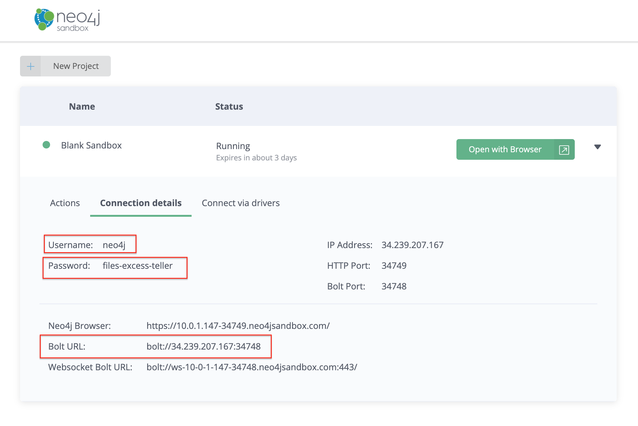 Neo4j Sandbox connection details